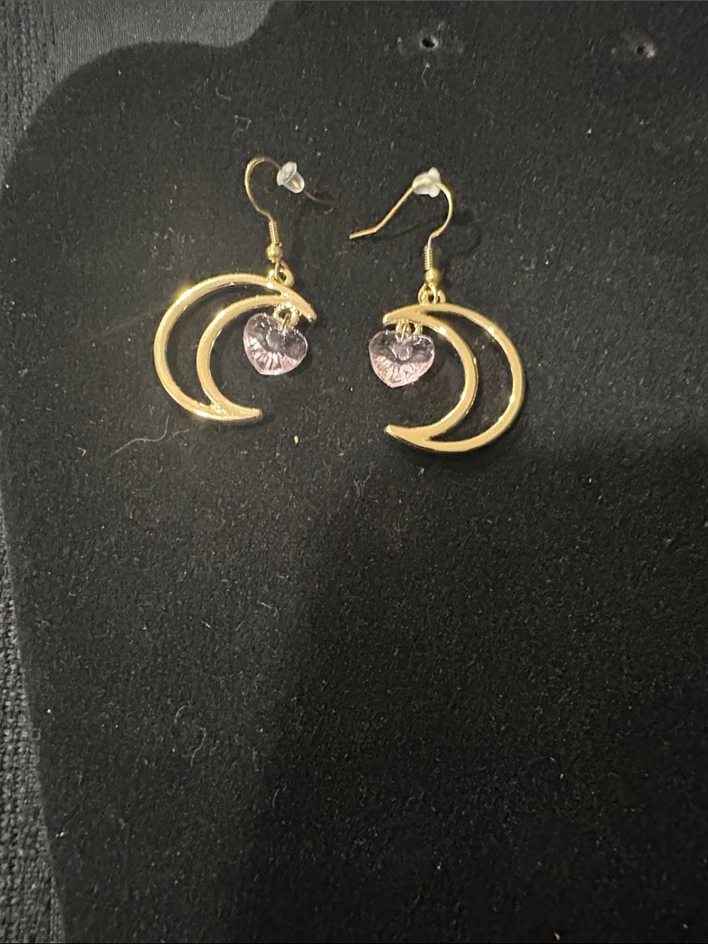 Gold Crescent Moon Earrings with Purple Heart Charm